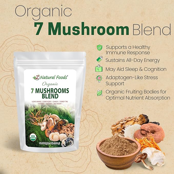 Z Natural Foods Organic 7 Sacred Mushrooms Blend - Mushroom Powder for Immune Health - Lion’s Mane, Cordyceps, Chaga, Red Reishi, Shiitake, Maitake & Turkey Tail Extract for Coffee, Smoothies, 1 lb