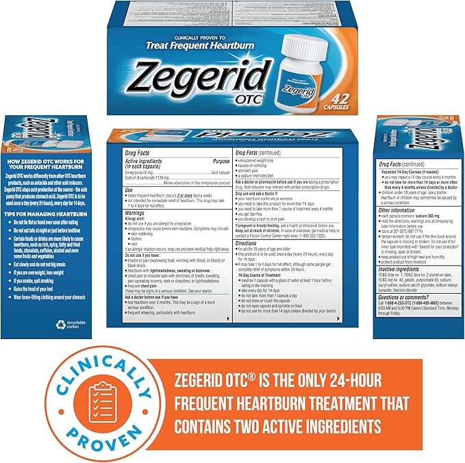 Zegerid OTC, Omeprazole Plus Sodium Bicarbonate, 24 Hour, Proton Pump Inhibitor (PPI), Heartburn Medicine, Acid Reducer, Two 42ct Cartons