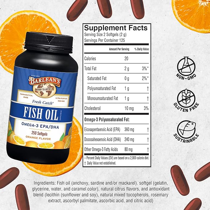 Barlean's Omega 3 Fish Oil Supplements, 600mg Fish Oil Pills with EPA & DHA, Softgels for Joint, Brain, & Heart Health, Orange Flavored, 250 Count