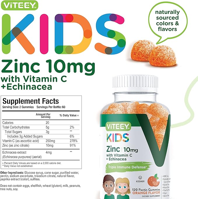 Zinc for Kids Gummies 10mg, with Vitamin C & Echinacea - Immune Support, Powerful Natural Antioxidant, Kids Zinc Vitamin Supplement - Vegan, Gelatin Free - Tasty Chewable Orange Flavor Gummy