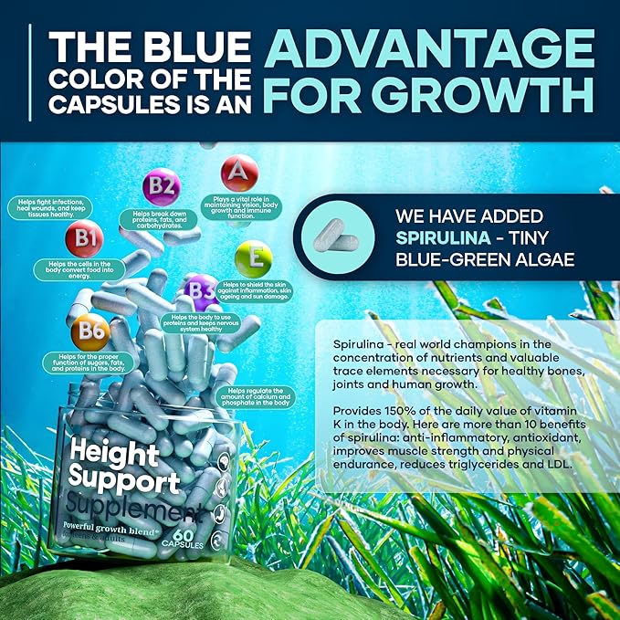 Height & Bone Support Supplement - Made in USA - Premium Height Growth Supplement for Kids & Teens with Calcium - Nutritional Support Bone Health Formula - Height Increase Essential Vitamins - 60 Caps