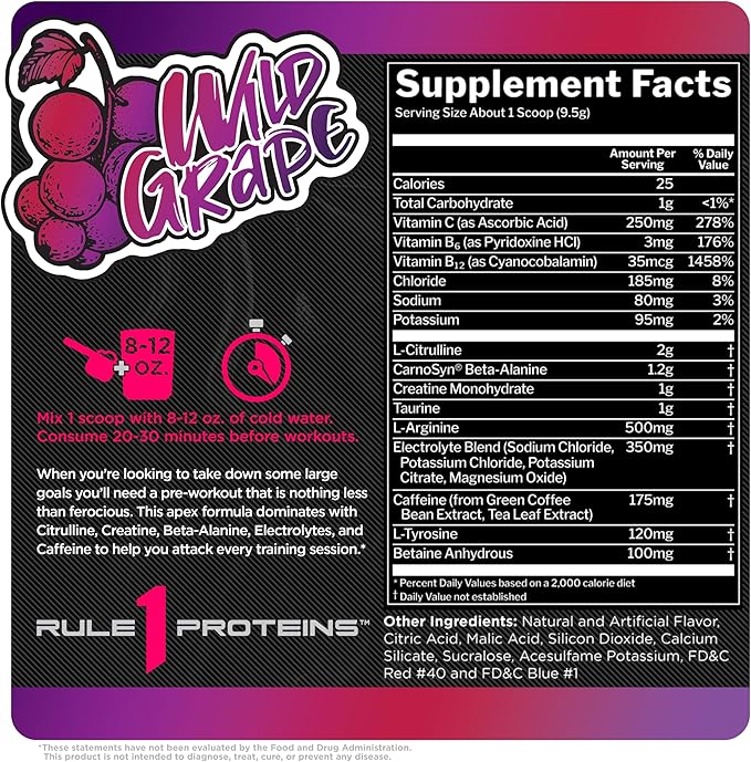 Rule 1 R1 Roar - Pre-Workout Powder with Creatine, Beta-Alanine, Citrulline, Electrolytes & Caffeine (30 Servings, Wild Grape)