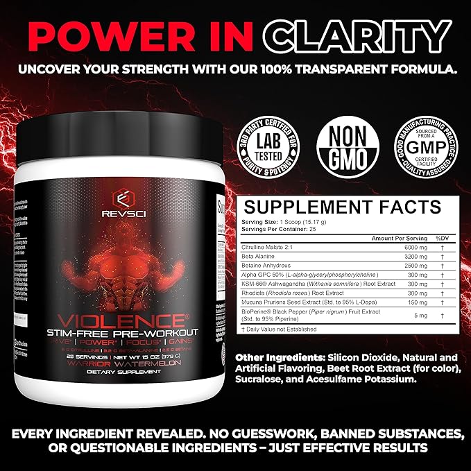 VIOLENCE Stim Free Pre Workout Powder by REVSCI, Precision Dosed Non Stim Preworkout Pump Pre Workout Caffeine Free Pre Workout Powder, Pump Supplement & Stimulant Free Nitric, Watermelon, 25 Servings