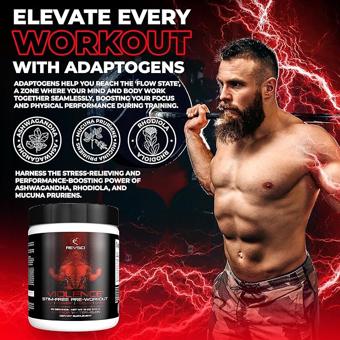 VIOLENCE Stim Free Pre Workout Powder by REVSCI, Precision Dosed Non Stim Preworkout Pump Pre Workout Caffeine Free Pre Workout Powder, Pump Supplement & Stimulant Free Nitric, Watermelon, 25 Servings
