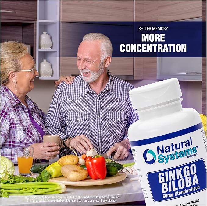 Ginkgo Biloba 60 mg by Natural Systems 60 Tablets - Gingko Biloba Powder Brain Supplement - Ginkgo Biloba Concentration Supplements - Memory Vitamins for Men and Women - Boost Energy Supplements