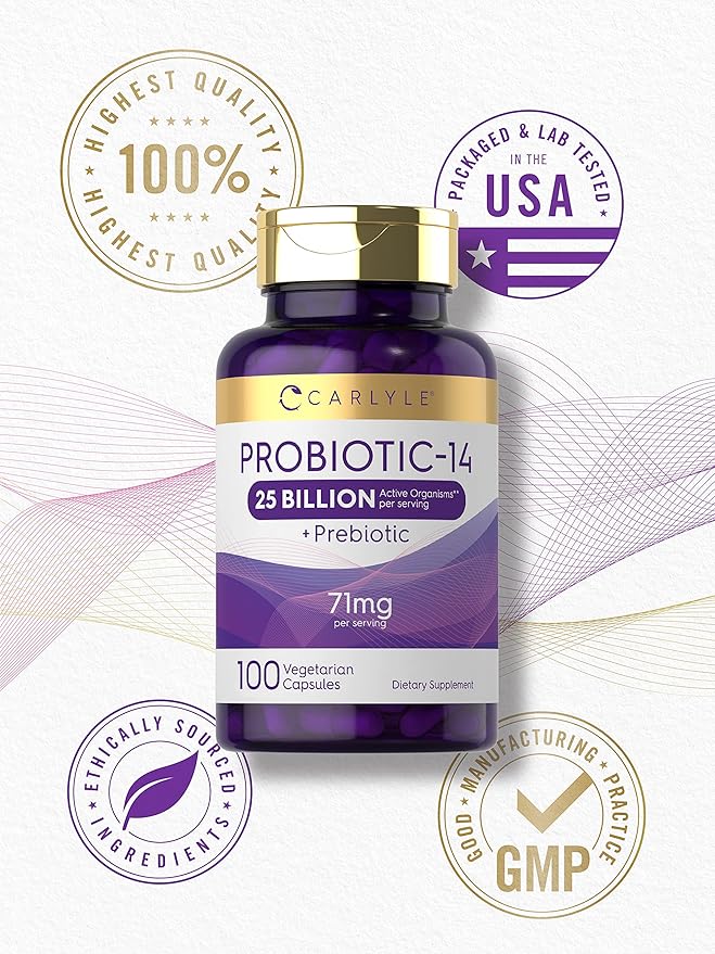 Carlyle Probiotics 25 Billion CFU | with Prebiotics | 100 Capsules | Vegetarian, Non-GMO, & Gluten Free Supplement | for Men & Women