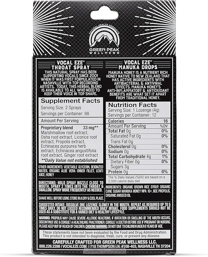 Vocal Eze Voice Saver Kit, Includes Vocal Herbal Throat Spray (1) and (12) Manuka Honey Drops | Relieve Sore, Hoarse, Fatigue, Dryness of Throat | Immune Support, Natural Ingredients (Aniseed)