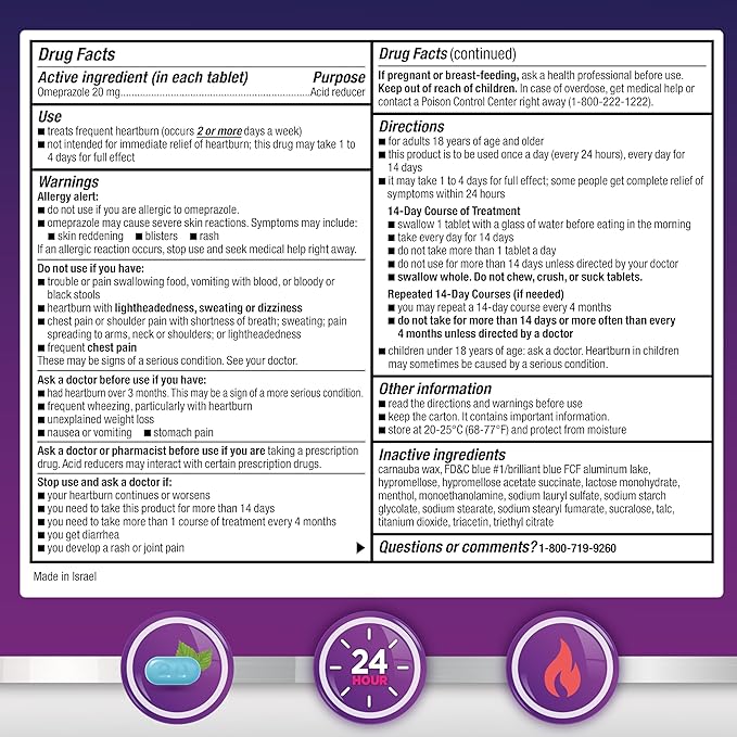 Amazon Basic Care Omeprazole Delayed Release Tablets 20 mg, Cool Mint, Acid Reducer, Treats Frequent Heartburn, 14 Count
