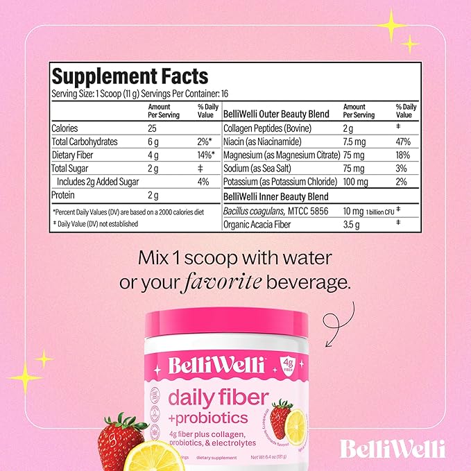 Fiber Supplement for Women&Men, Premium Daily Fiber Powder from Organic Acacia with Added Collagen, Electrolytes&Probiotics, No Bloat, Constipation&Gut Health Support (Strawberry Lemonade)