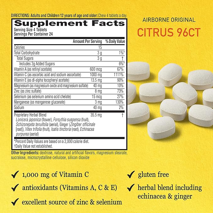Airborne 1000mg Vitamin C Chewable Tablets Citrus & Very Berry Flavor Bundle - Immune Support Supplement with Zinc and Powerful Antioxidant Vitamins A C & E, (2x96ct bottles)*