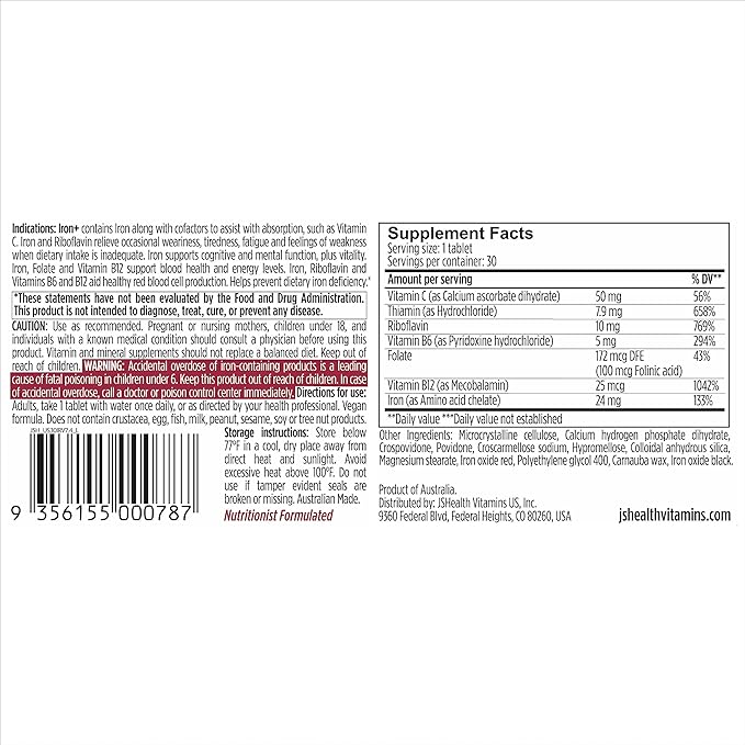 JSHealth Vitamins Iron+ Supplement for Energy Support - Iron Deficiency Pills with Vitamin C and Vitamin B12 - No Nausea - (30 Tablets)