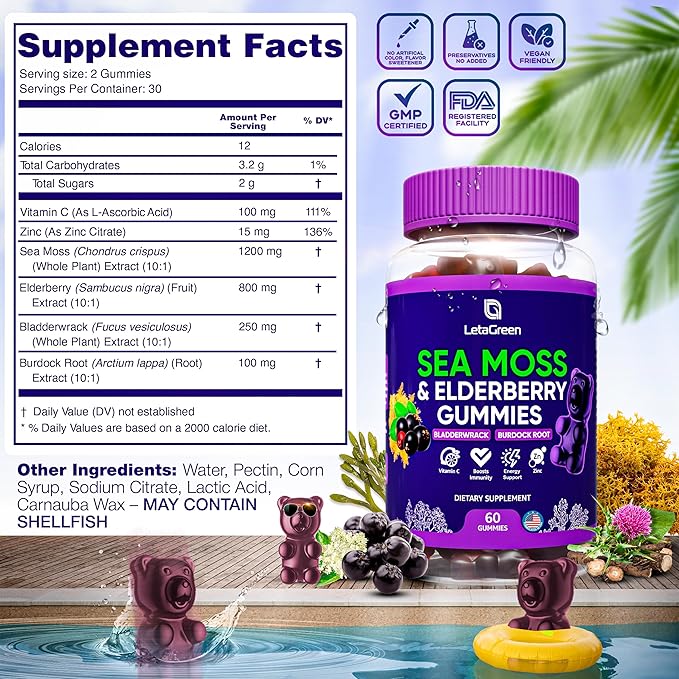 Irish Sea Moss Gummies – Sea Moss Bladderwrack Burdock Elderberry – 60 Vegan Seamoss Bears – Elderberry Gummies for Kids & Adults with Vitamin C & Zinc