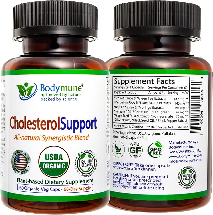 CholesterolSupport, 60-Day Supply, w/Extracts of Red Yeast Rice Dandelion Green Tea Moringa Papaya & More with Oils, USA-Made USDA Organic Superfood, All-Natural Non-GMO Vegan Gluten-Free