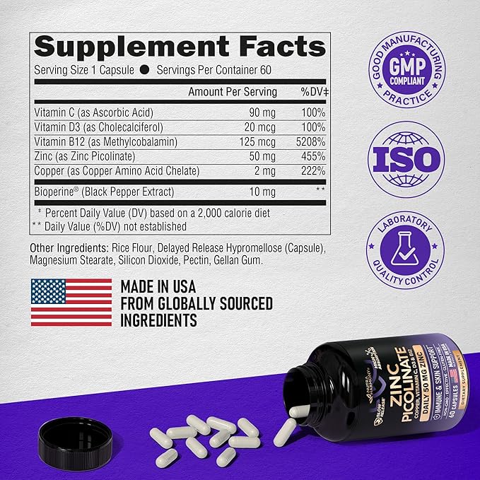 Zinc Picolinate 50mg - Zinc Supplement with Copper, Vitamin D3 & B12 - Stomach Friendly | Slow Release - Immune Support & Skin Health - High Absorption with BioPerine & Vitamin C - 60 Capsules