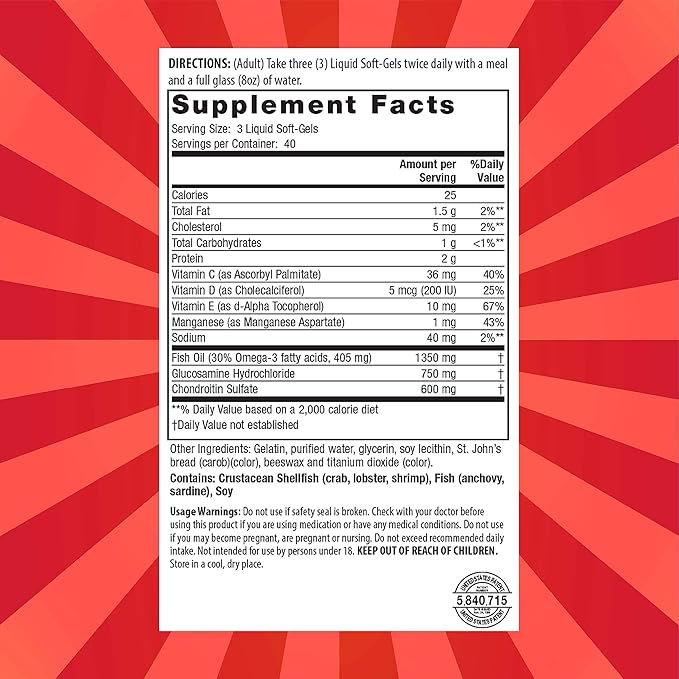Nature's Secret Inholtra Premium Lubri-Joint Fast-Acting Joint & Connective Tissue Health Supplement with Vitamin C, D & E, Omega Fatty Acids, Glucosamine & Chondroitin - 120 Liquid Softgels