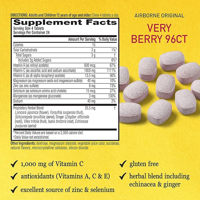Airborne 1000mg Vitamin C Chewable Tablets Citrus & Very Berry Flavor Bundle - Immune Support Supplement with Zinc and Powerful Antioxidant Vitamins A C & E, (2x96ct bottles)*