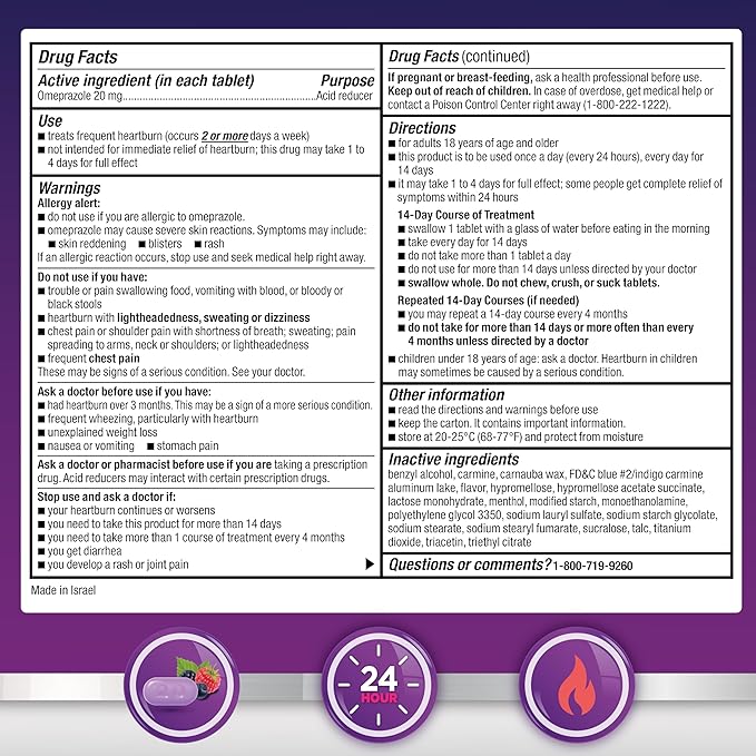 Amazon Basic Care Omeprazole Delayed Release Tablets 20 mg, Acid Reducer, Wildberry Mint Coated Tablet, 14 Count