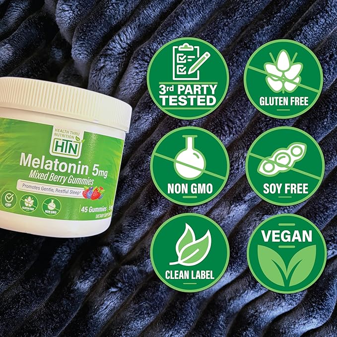 Health Thru Nutrition Melatonin 5mg Gummies | 45 Count Mixed Berry Flavor with Child-Resistant Cap | Gentle Restful Sleep Support Supplement | Non-GMO, Gluten-Free, Vegan-Friendly