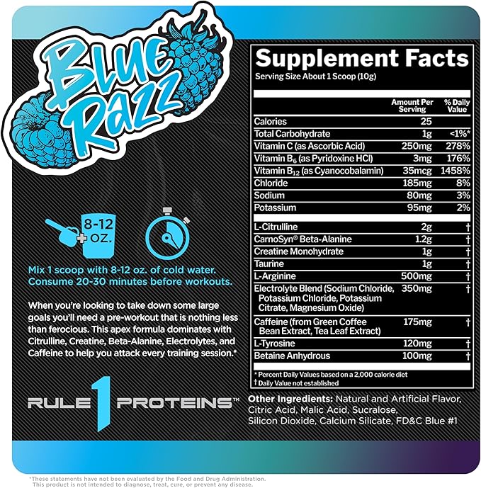 Rule 1 R1 Roar - Pre-Workout Powder with Creatine, Beta-Alanine, Citrulline, Electrolytes & Caffeine (30 Servings, Blue Razz)