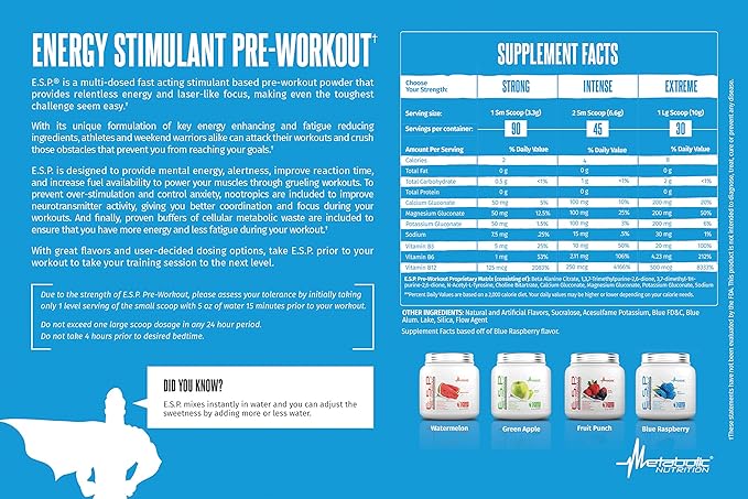 Metabolic Nutrition, ESP, Energy and Endurance Stimulating Pre Workout, Pre Intra Workout, High Energy and Mental Focus, Stimulating Workout Supplement, Fruit Punch, 300 Grams (90 Servings)