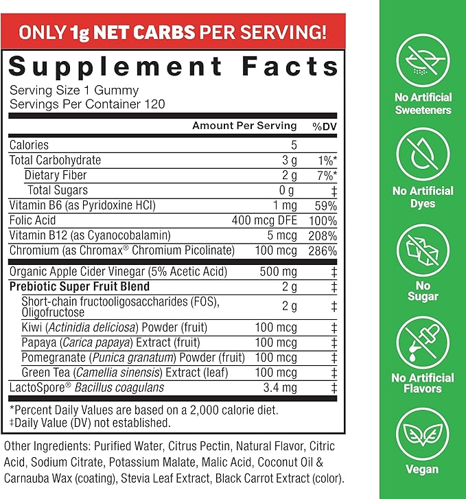 Force Factor ProbioSlim Keto ACV Gummies, Organic Apple Cider Vinegar Gummies with LactoSpore Probiotics & Prebiotics to Support Digestion, Metabolism, & Immune Health, 1 Net Carb, Apple Flavor, 240ct