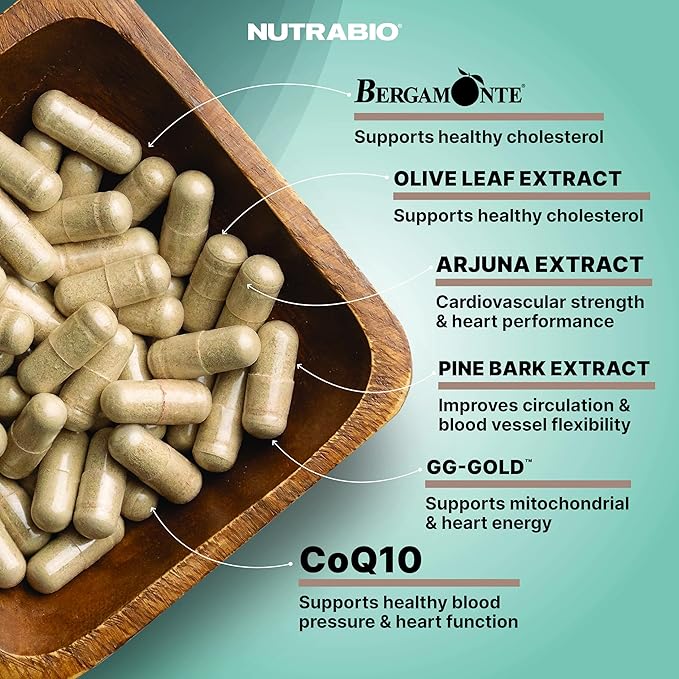 NutraBio Heart- Heart Health Supplements, Cardiovascular Supplement, Cholesterol, Circulatory & Healthy Blood Pressure Support- 90 Capsules
