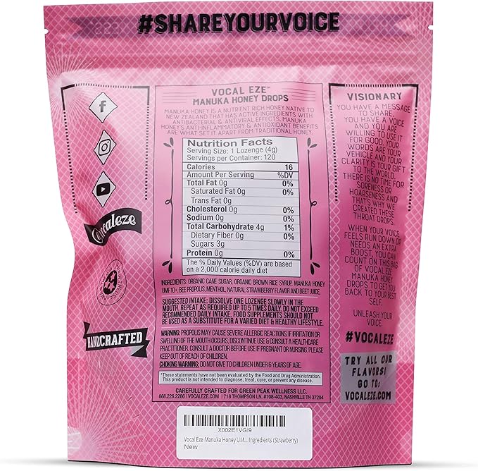Vocal Eze Manuka Honey Strawberry UMF 10+ (MGO 265+) Menthol Cough Drops (120) | Lozenges for Sore, Hoarse, Fatigue, Dryness of Throat | Voice Support, All Natural and Organic Ingredients