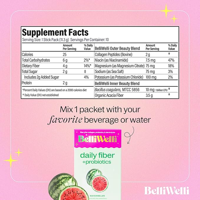 Daily Fiber Supplement Packets with Collagen, Probiotics & Electrolytes | Single Serve Travel Packets for Gut Health, Digestion & Debloating | Watermelon | 10 Count