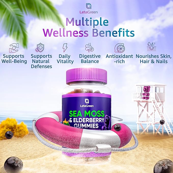 Irish Sea Moss Gummies – Sea Moss Bladderwrack Burdock Elderberry – 60 Vegan Seamoss Bears – Elderberry Gummies for Kids & Adults with Vitamin C & Zinc