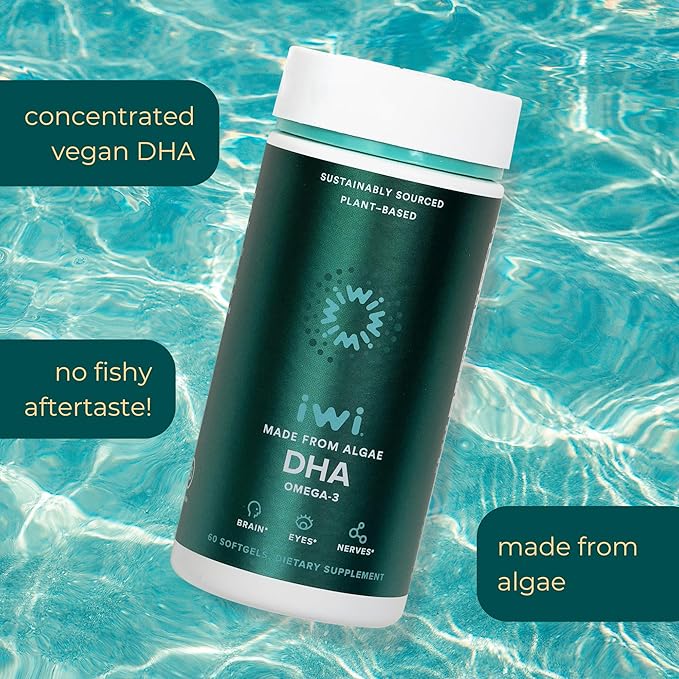 Iwi DHA Omega-3, 60 Softgels (30 Servings), Plant-Based Algae Omega 3, Brain, Eyes & Nervous System Support Dietary Supplement, Krill & Fish Oil Alternative, No Fishy Aftertaste