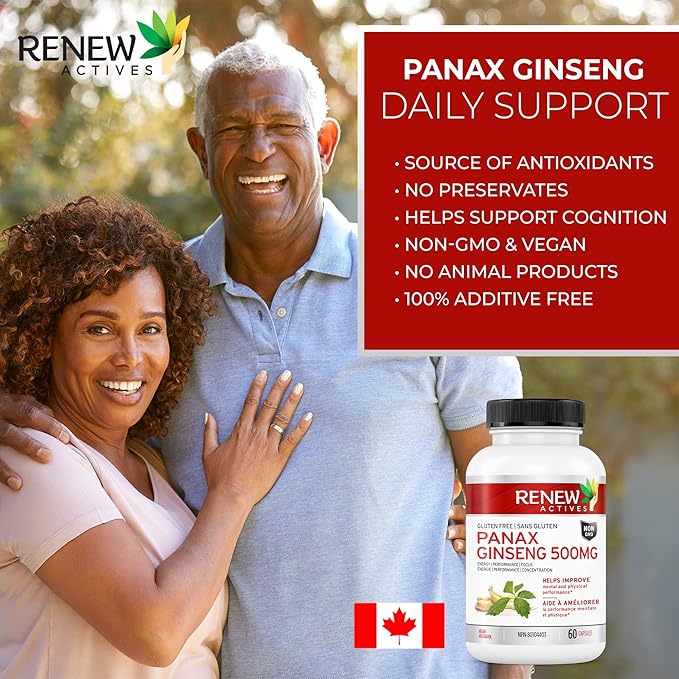 RENEW ACTIVES Panax Ginseng 1000MG per 2 Capsules – Boosts Physical & Cognitive Health, Enhances Energy, Supports Mental Clarity & Focus, Promotes Performance & Vitality – Made in Canada – 60 Capsules