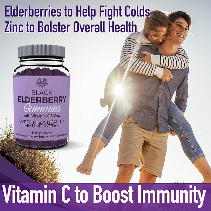 COUNTRY FARMS Elderberry Gummies with Vitamin C and Zinc, Supports Healthy Immune System, Rich in Antioxidants, Triple Action Immune Blend, Berry Flavor, 60 Gummies, 30 Servings