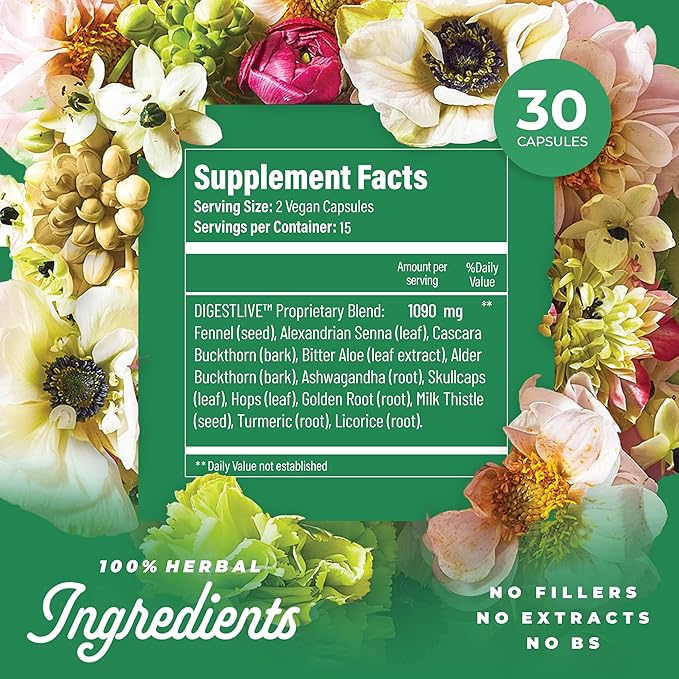 DigestLive Post-Op Constipation Relief Laxative for Women Post Surgery, 30 Capsules,100% Herbal Stool Softener, Female Gentle Colon Cleanse Detox, Bloating & Gas, Fast-Acting, Vegan, Gluten & GMO-Free