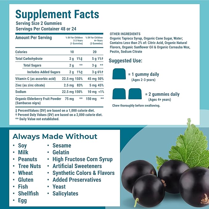 Hyland's Kids Organic Elderberry Plus Gummies, Organic Black Elderberry with ZINC and Vitamin C, Immune Support for Children, 48 Vegan Gummies (Pack of 2)