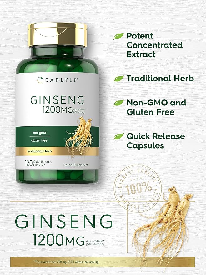 Carlyle Ginseng Extract Supplement | 120 Capsules | 1200mg | Pills for Men & Women | Non-GMO and Gluten Free