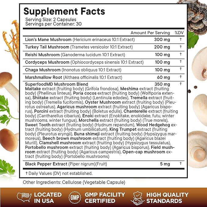Lions Mane Mushroom Supplement with Turkey Tail Reishi Cordyceps Chaga with Marshmallow Root - 120 Count