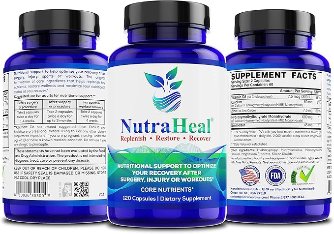 Dietary Supplement - with Vitamin D3, Calcium HMB, Zinc & Bromelain - Support Post Surgery Recovery, Workout, Sports & Exercise Injuries - Natural Immunity Booster - 120 Capsules per Bottle
