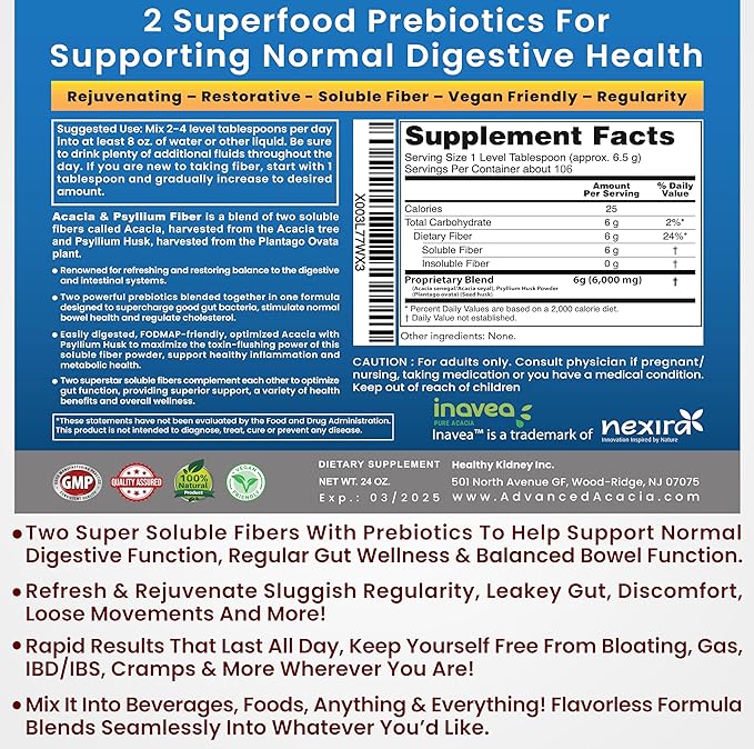 Acacia & Psyllium Husk Fiber Powder 2 Organic Soluble Fiber Digestive Restoring Gut Nutrients. Organic Psyllium Husk & Organic Acacia Powder IBS, Leaky Gut 1.5 Ibs (24oz)