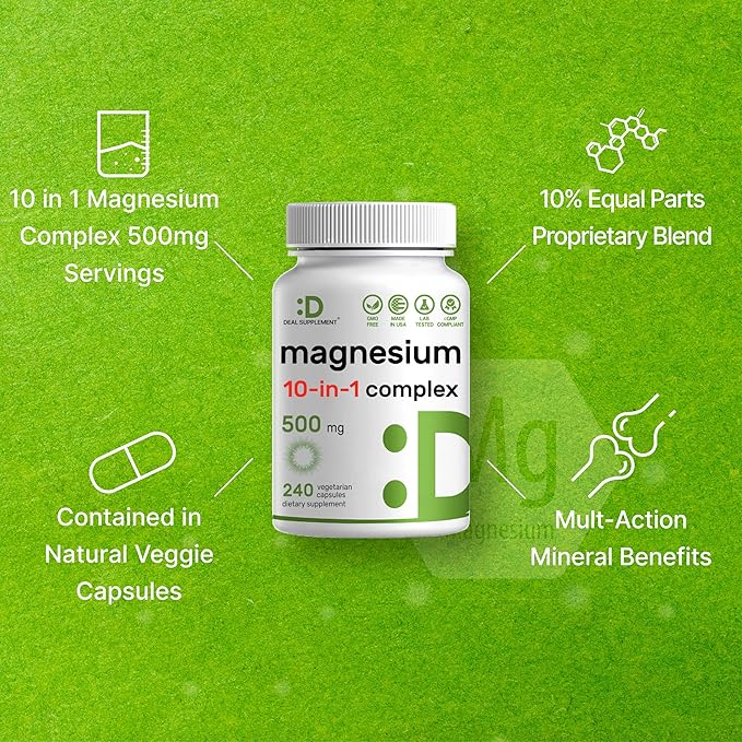 Magnesium Complex Supplement 500mg, 240 Veggie Capsules – 10 in 1 – Glycinate, Citrate, Malate, & More – Chelated Minerals for Muscle & Joint Health.
