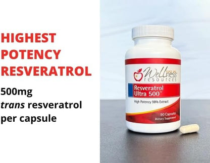 Wellness Resources Resveratrol Ultra 500 - High Potency 98% Trans-Resveratrol 500mg Per Capsule (90 Capsules) - Bioactive Resveratrol Supplement