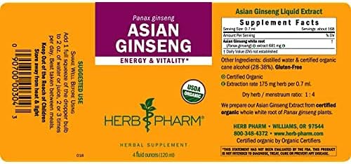 Herb Pharm Asian (Panax) Ginseng Liquid Extract for Energy and Stamina Support - 4 Ounce