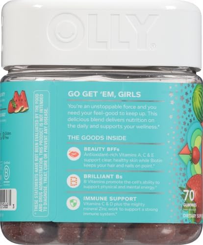 OLLY Teen Girl Multi Gummy, Healthy Skin and Immune Support, 15 Essential Vitamins, Biotin, Zinc, Calcium, Chewable Multivitamin, Berry Melon, 35 Day Supply, 70 Count (Pack of 2)