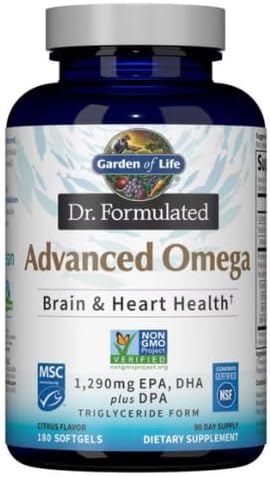 Garden of Life Dr. Formulated Advanced Omega Fish Oil - Lemon, 1,290mg EPA, DHA + DPA in Triglyceride Form, Single Source Omega 3 Supplement for Ultimate Brain & Heart Health, Non-GMO, 180 Softgels