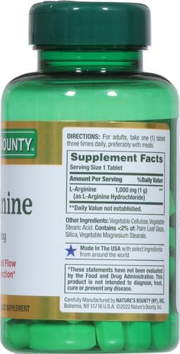 Nature's Bounty L-Arginine 1000mg for Supporting Blood Flow and Vascular Function – Non-GMO, Gluten Free, 50 Tablets (Pack of 2)