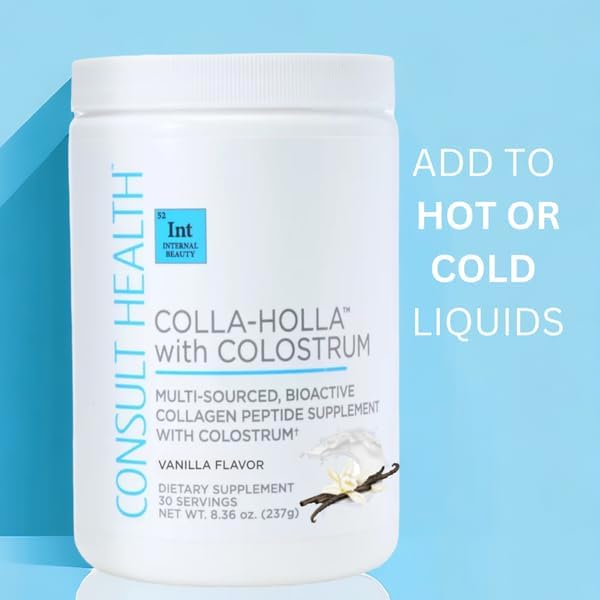 Consult Health Colla-Holla with Colostrum - Vanilla Flavor - Multi Sourced, Bioactive Collagen Peptide Hydrolyzed Powder - Supports Skin, Hair, Nails - 8.36 oz