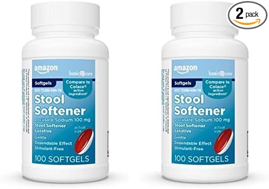 Amazon Basic Care Stool Softener Laxative, Docusate Sodium 100 mg, Softgels, for Constipation Relief, 100 Count (Pack of 2)