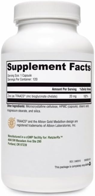 Zinc Glycinate 20mg Supplement - 120 Vegetarian Capsules with TRAACS® Formula for Optimal Health Support - Zinc Bisglycinate for Immune Function, Skin Health & Metabolism