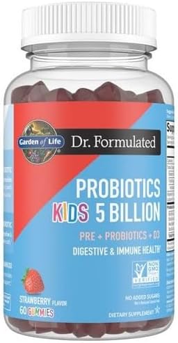 Garden of Life Dr Formulated 5 Billion CFU Prebiotic Fiber, Probiotic and Vitamin D3 Gummies for Kids Digestive & Immune Health – Gluten Free, Non GMO, No Added Sugars, Strawberry Flavor, 60 Gummies