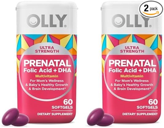 OLLY Ultra Strength Prenatal Multivitamin Softgels, Supports Healthy Growth, Brain Development, Iron, Folic Acid, DHA, Vitamins C, E, 30 Day Supply-60 Count (Pack of 2)