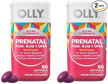 OLLY Ultra Strength Prenatal Multivitamin Softgels, Supports Healthy Growth, Brain Development, Iron, Folic Acid, DHA, Vitamins C, E, 30 Day Supply-60 Count (Pack of 2)